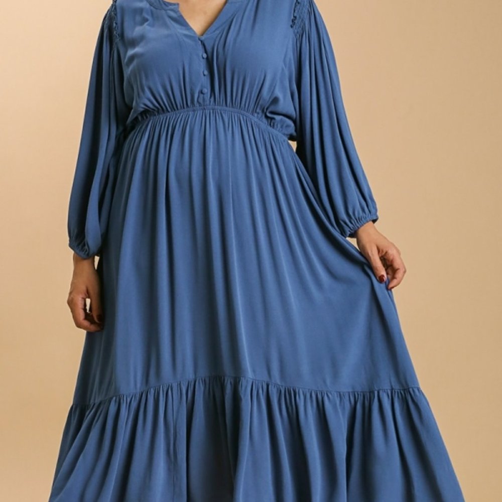 Umgee Split Neck Button Front Dolman Sleeve Dress with Smocked Shoulder